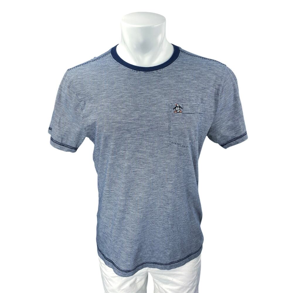 Penguin Men's Blue Striped Embroidered Short Sleeve Crewneck Tee Tshirt Top Sz L